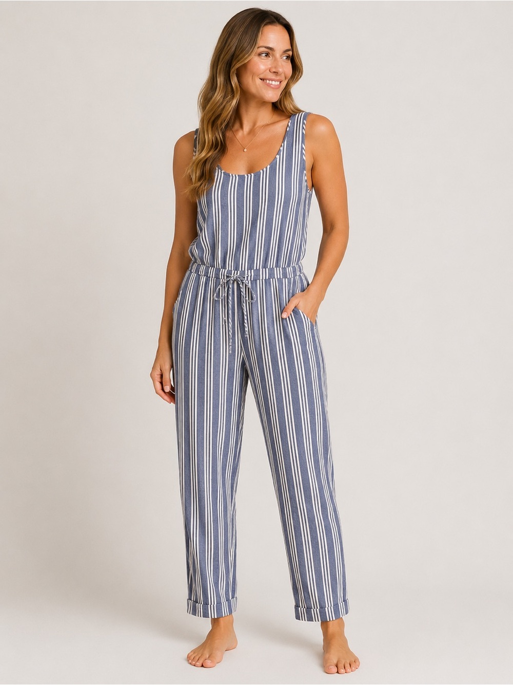 Anthropology DREW Blue & White Striped Sleeveless Jumpsuit Size L